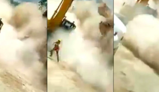挖机工人遇上山体滑坡，一旁同事拍下他跳车被埋的惊险瞬间